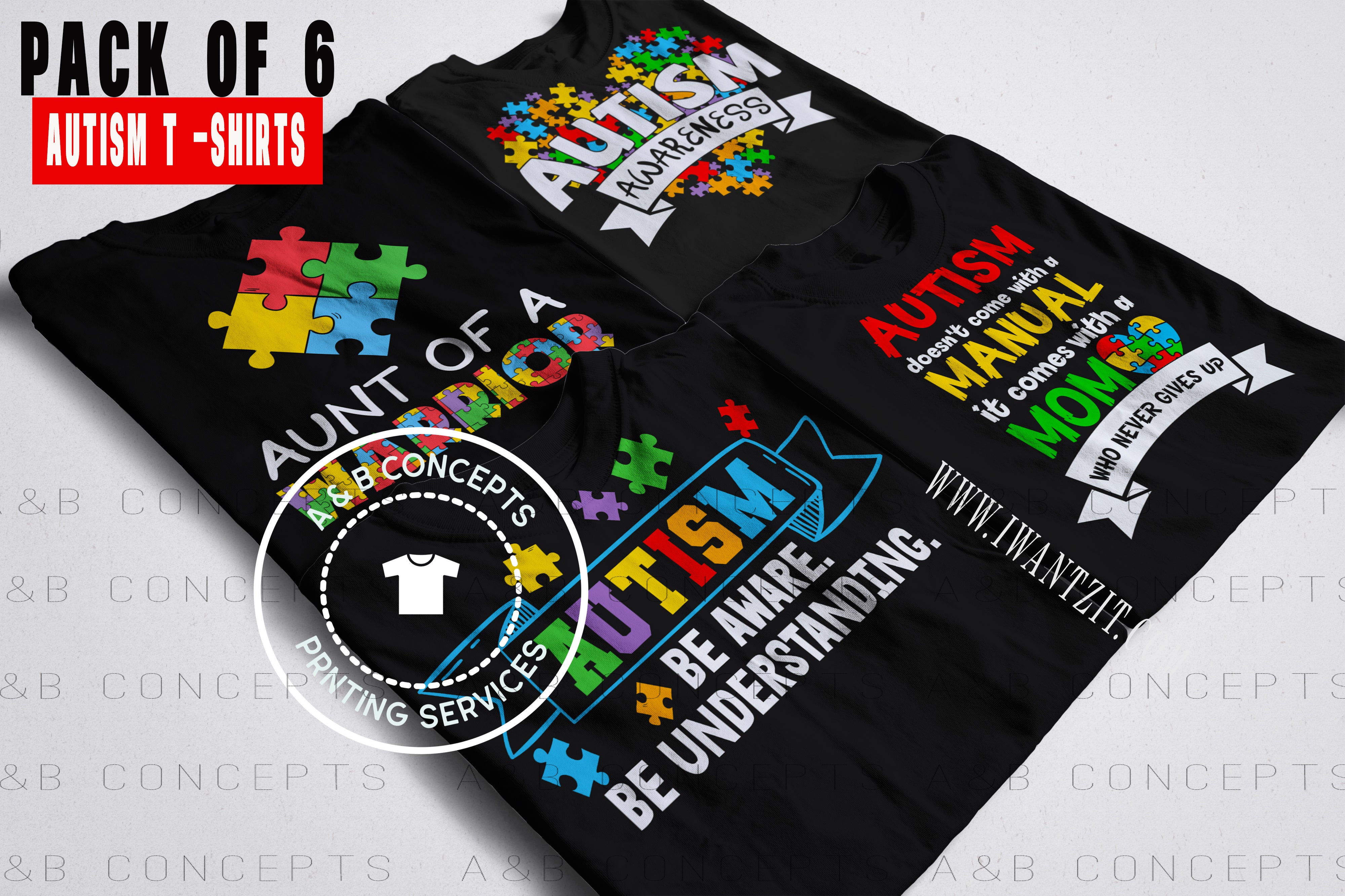 Support Autism T-shirt Pack of 6 Black T-shirts 100% Cotton Autism T-shirts (Pack Of 6) t-shirt A & B Concepts Medium  