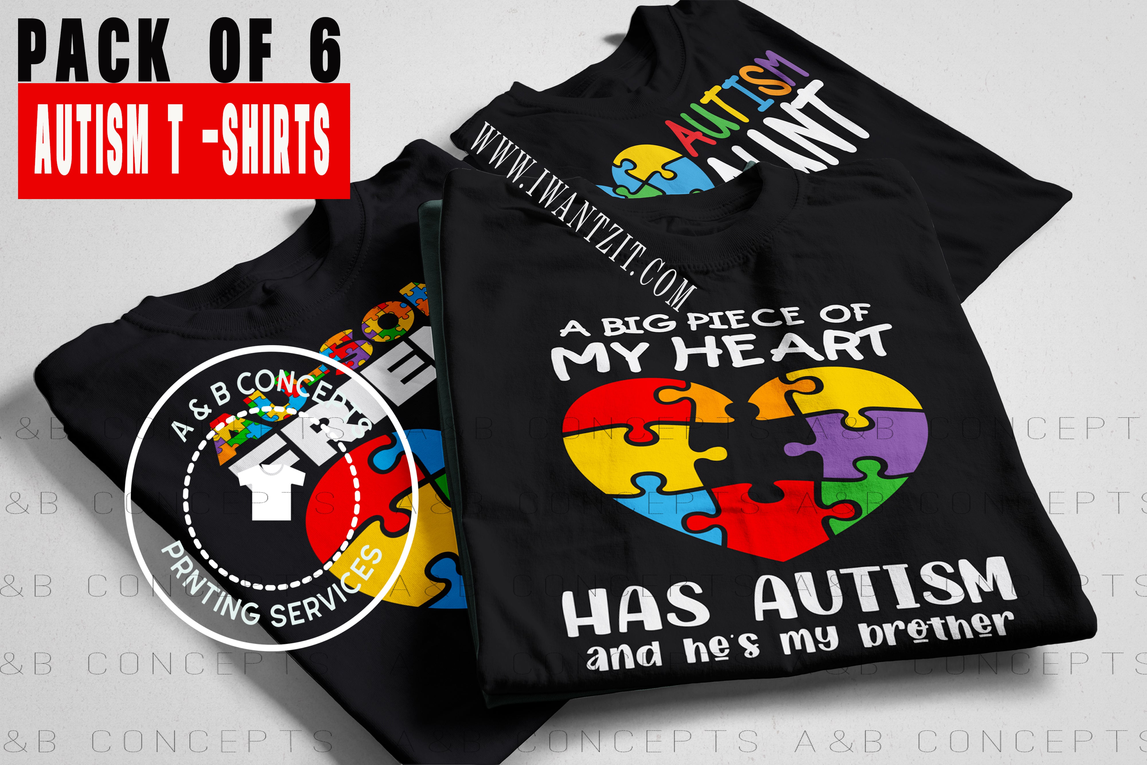 Support Autism T-shirt Pack of 6 Black T-shirts 100% Cotton Autism T-shirts (Pack Of 6) t-shirt A & B Concepts Large  